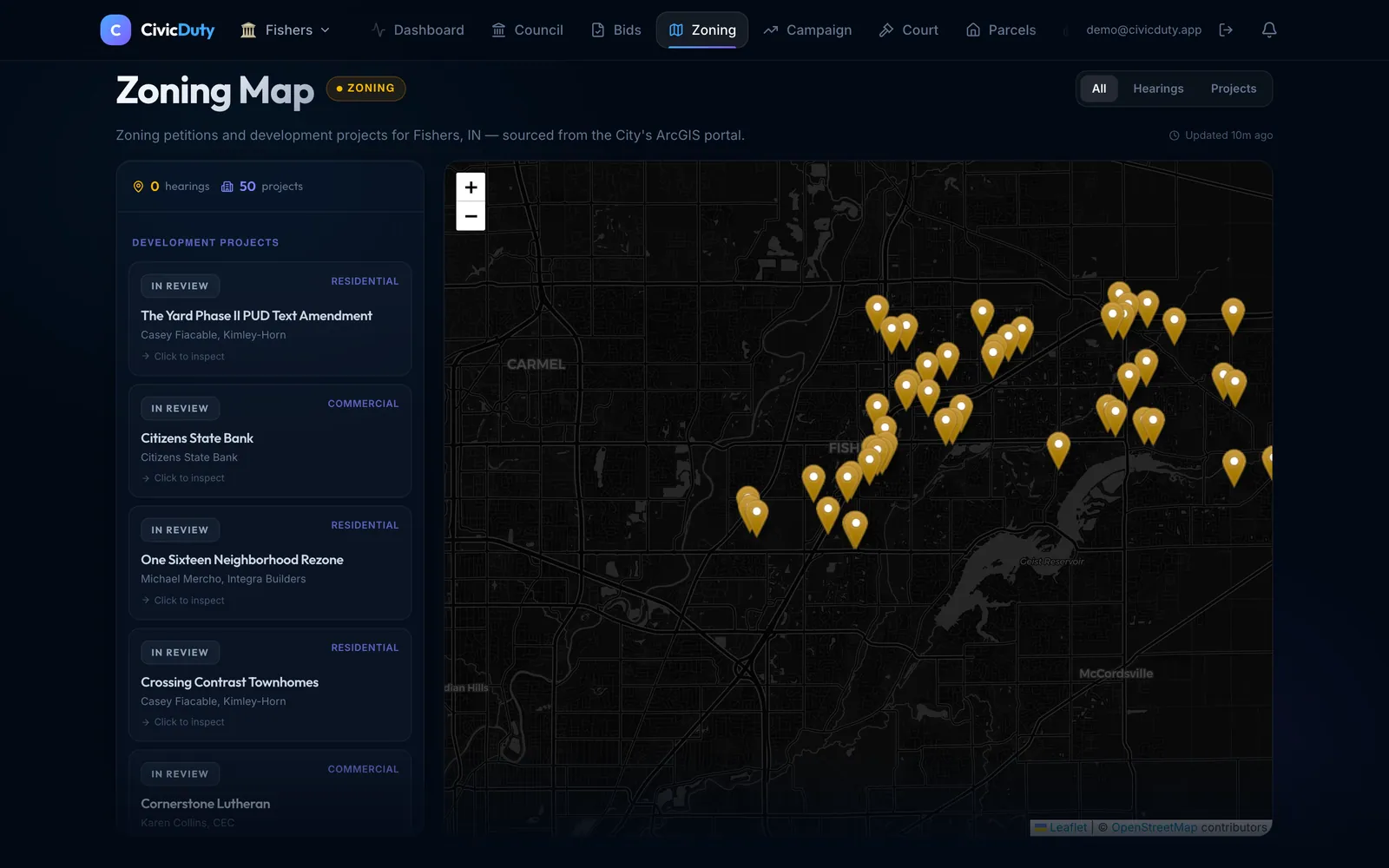 Zoning — rezoning notices and active development projects from Fishers ArcGIS.