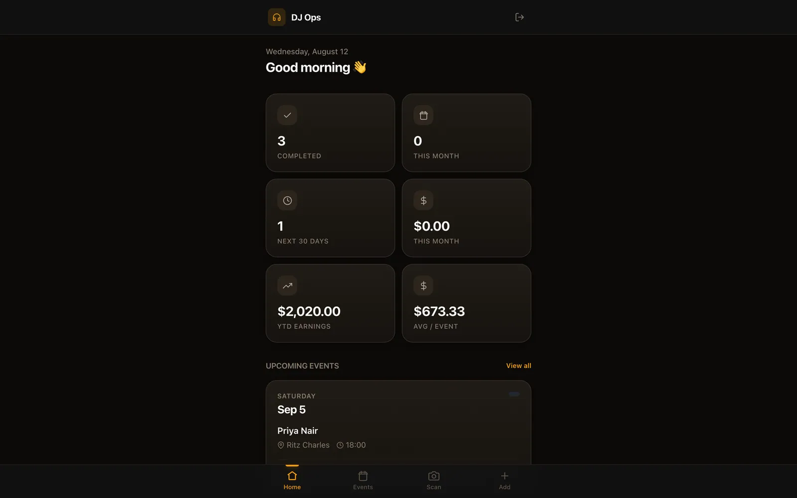Dashboard — completed/upcoming counts, YTD and per-event pay, and next gigs at a glance.