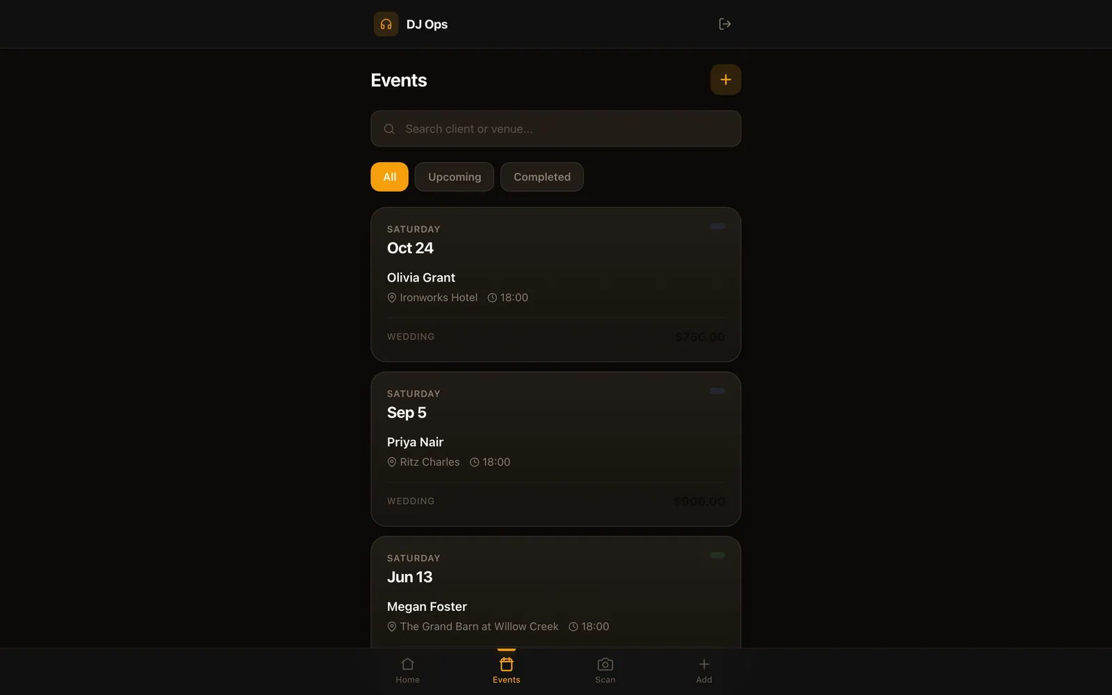 Events — every gig, searchable by client or venue, filterable by status.