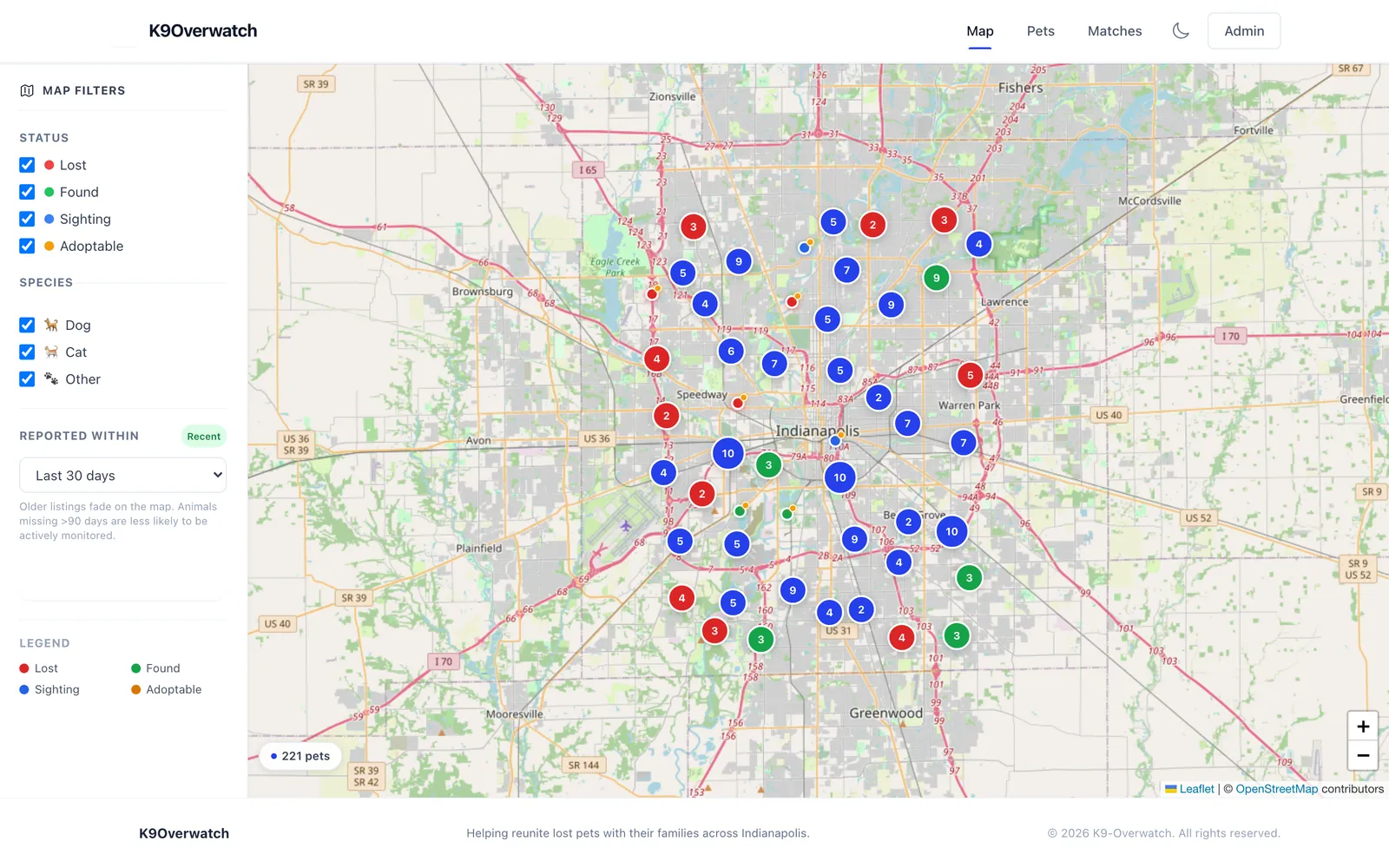 Map view — lost and found pet reports plotted from multiple scraped sources.