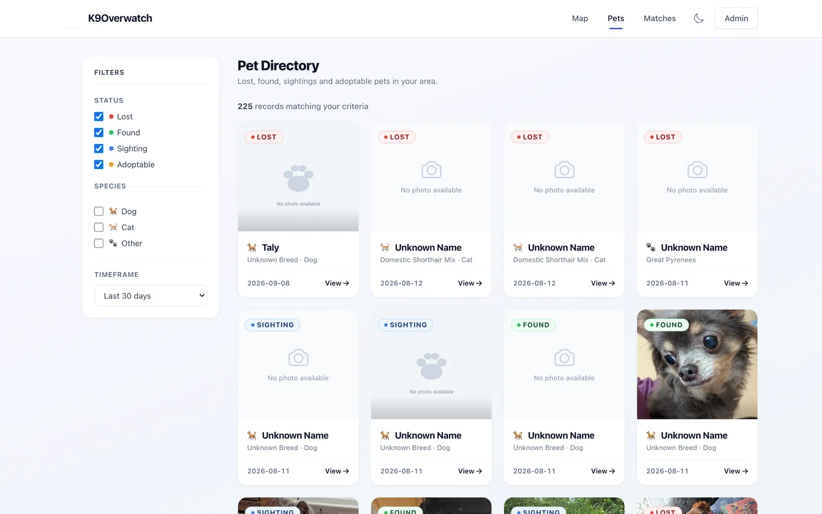 Pet listings — normalized records aggregated from shelters and lost-pet boards.