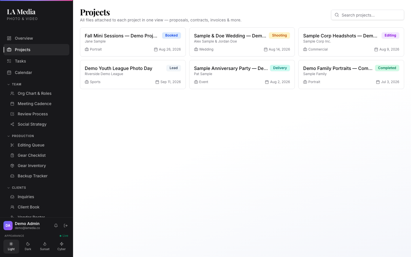 Project pipeline as a status-grouped card grid, seeded with sample projects across lead, booked, shooting, editing, delivery, and completed states.
