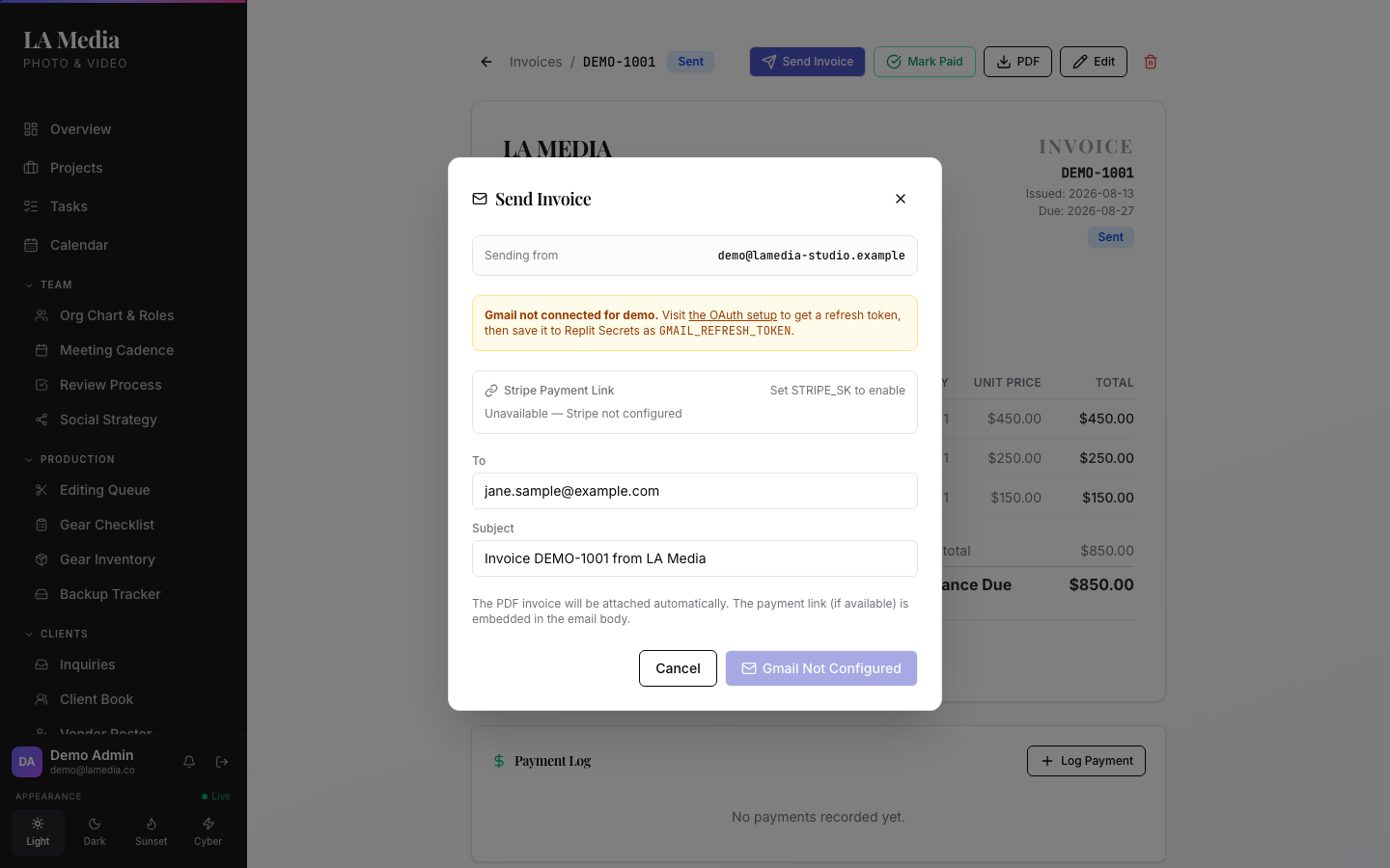 Invoice detail with the Send modal open: line items, totals, and the app's honest state when Gmail and Stripe aren't connected, rather than a fake success screen.