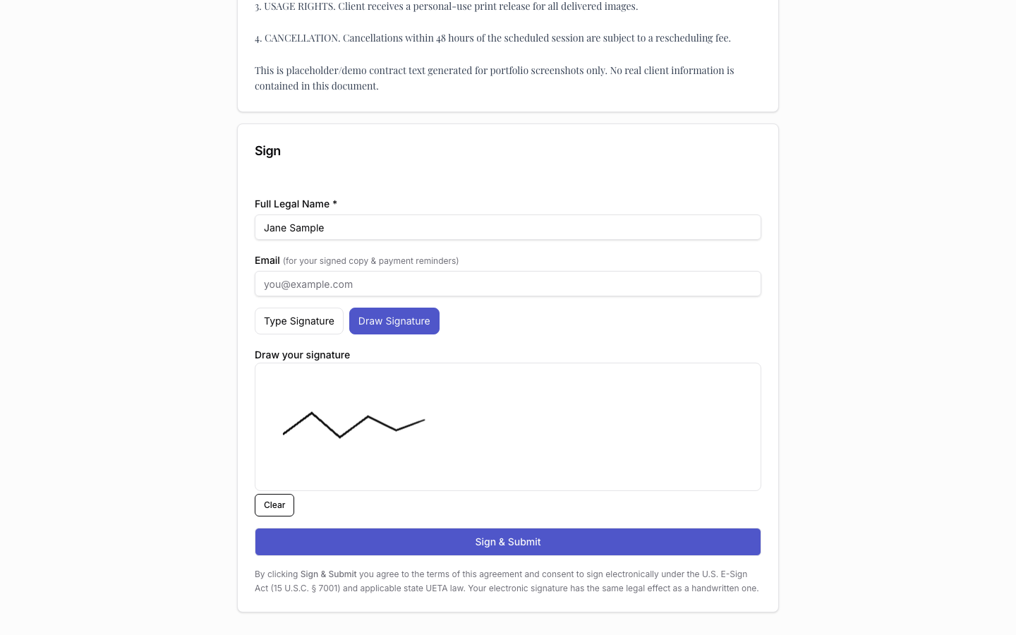 Public, unauthenticated contract-signing page (token-based link) with a drawn e-signature captured on a canvas element, ready for submission.