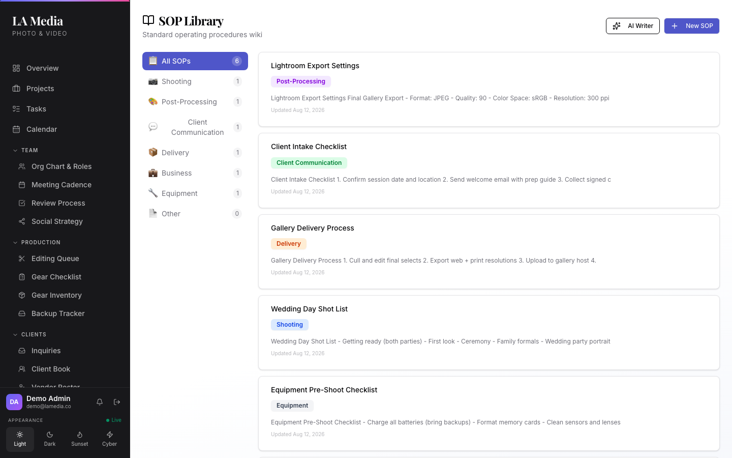 SOP library: a searchable, category-tagged wiki of internal studio procedures (exports, client intake, delivery, gear checklists).