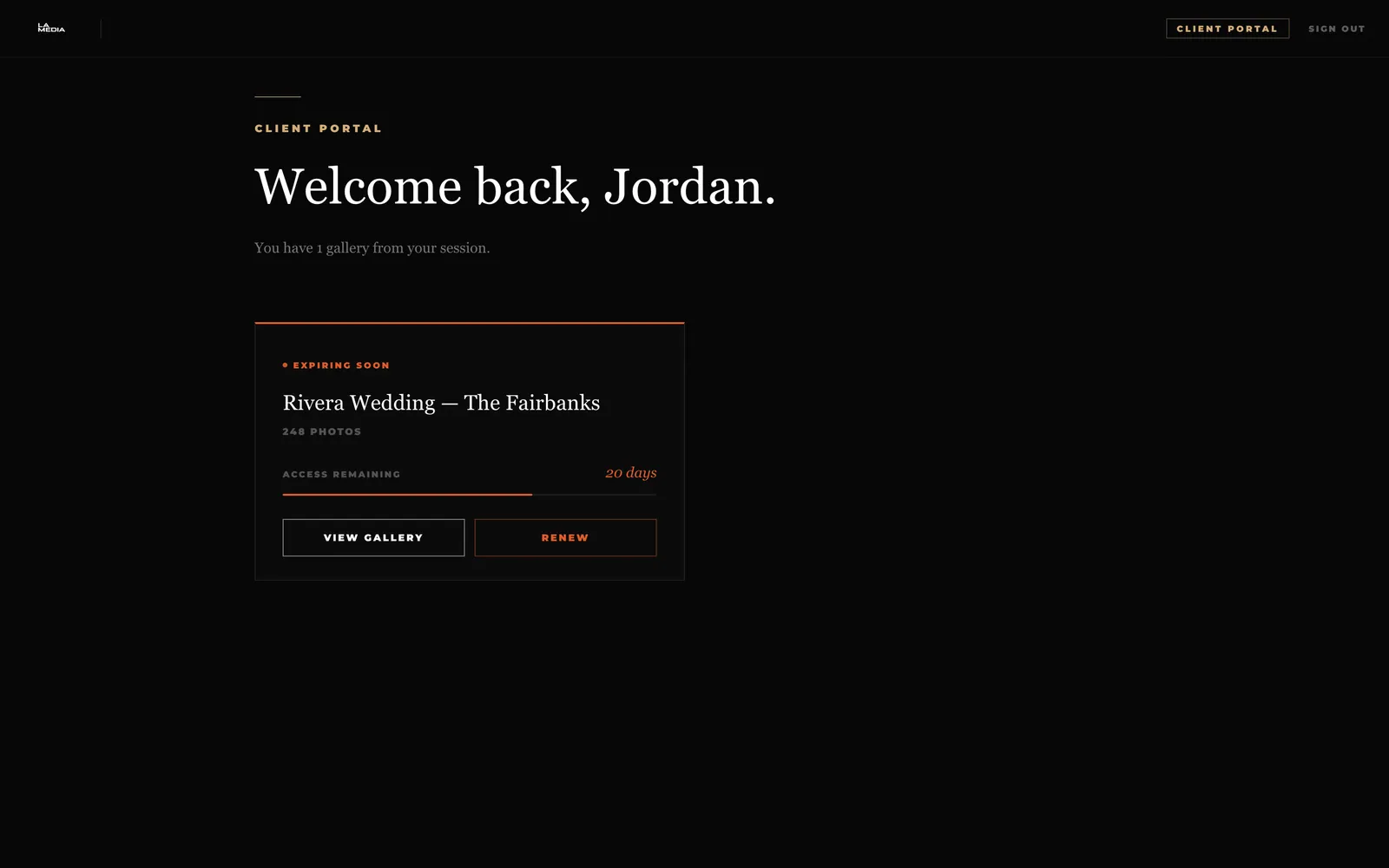 Client portal dashboard — a seeded demo client’s gallery, access countdown, and renew/view actions (Better Auth cookie session).