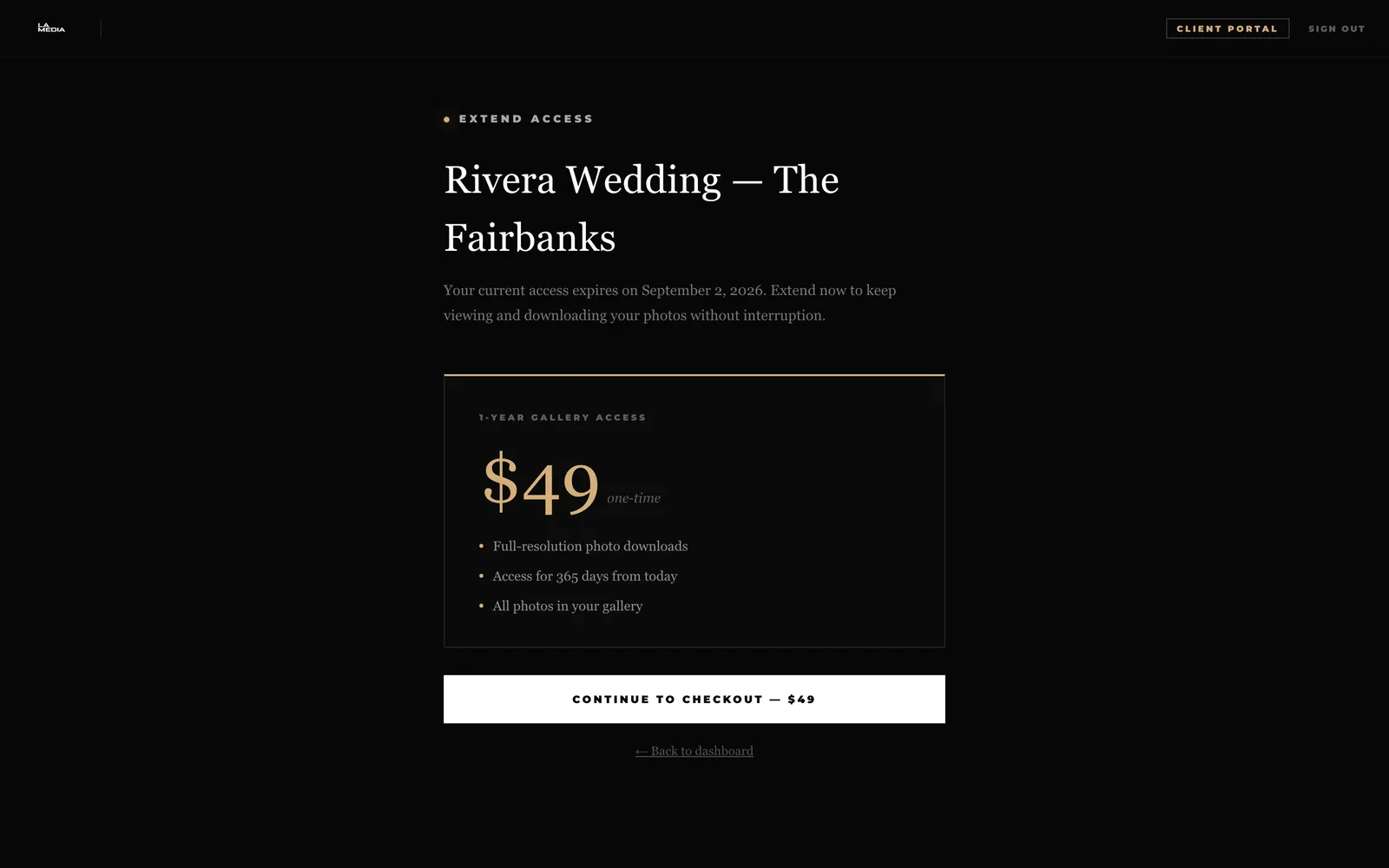 Gallery renewal — the real Stripe Checkout entry point for extending a client’s 1-year gallery access.