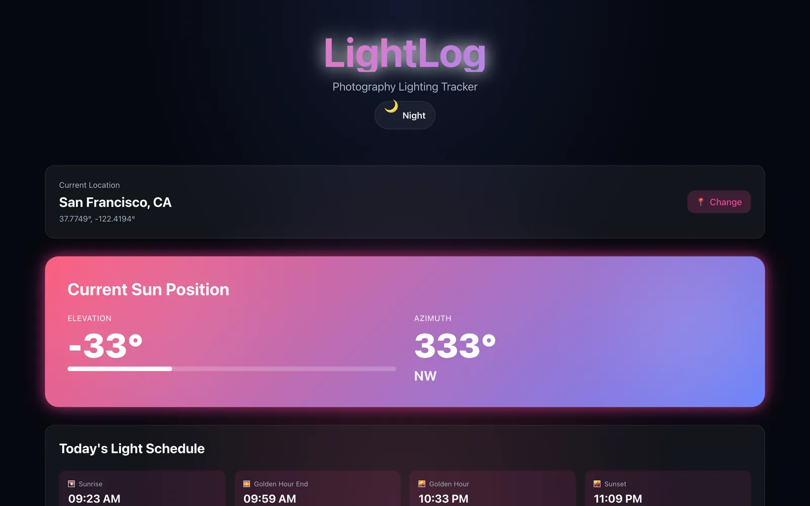Dashboard — live sun elevation/azimuth, today’s light schedule (sunrise through blue hour), current weather, and moon phase.