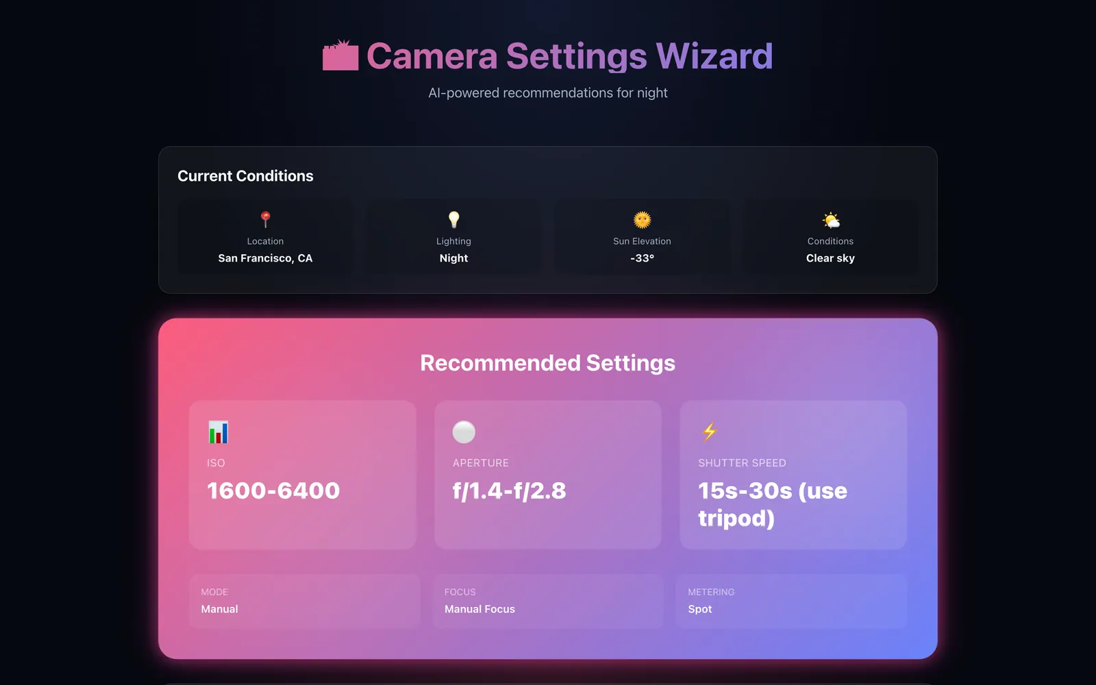 Camera Settings Wizard — ISO, aperture, and shutter recommendations plus pro tips for the current lighting conditions.