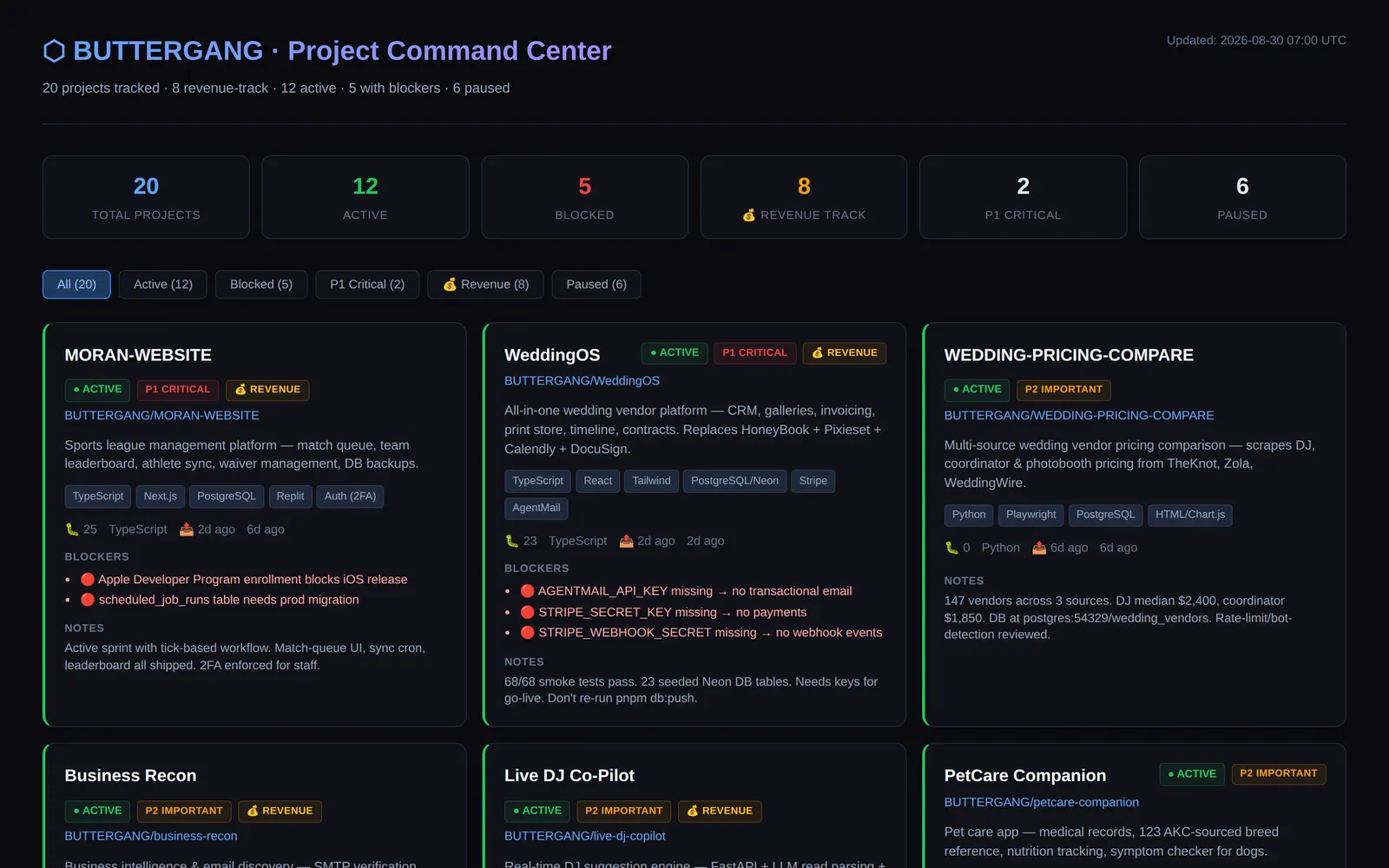 Filtered view — status and priority filtering across the portfolio.