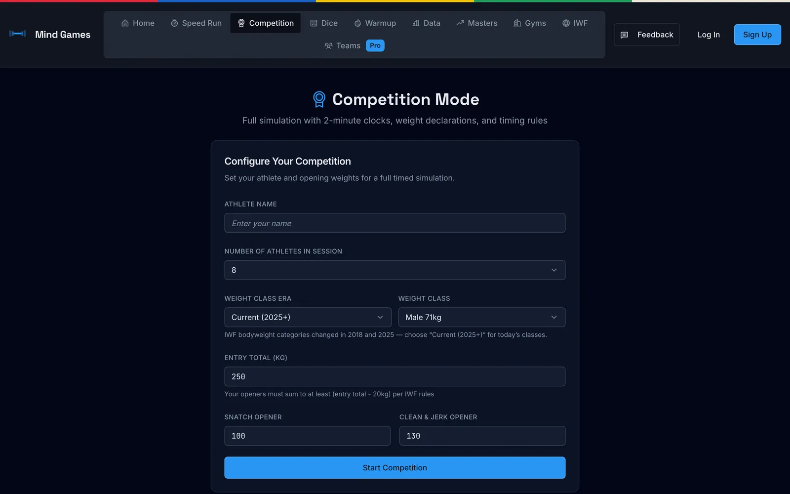 Competition Mode — simulate a live meet: attempt selection, the clock, who leads.
