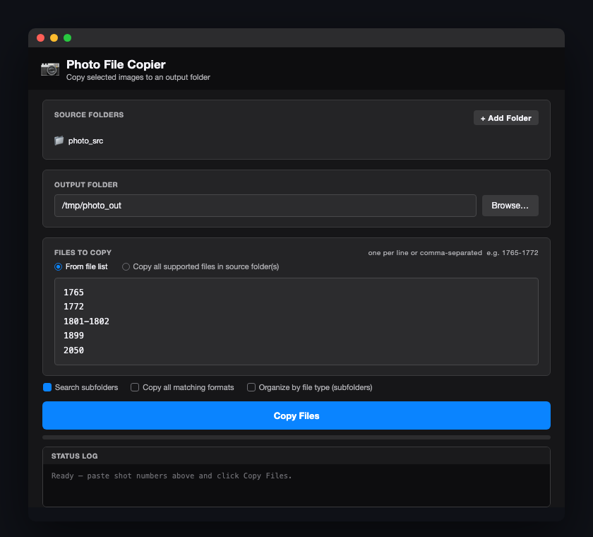 The app before a run: source folder, output folder, and a pasted shot list — supports single numbers, comma-separated lists, and ranges like 1801-1802.