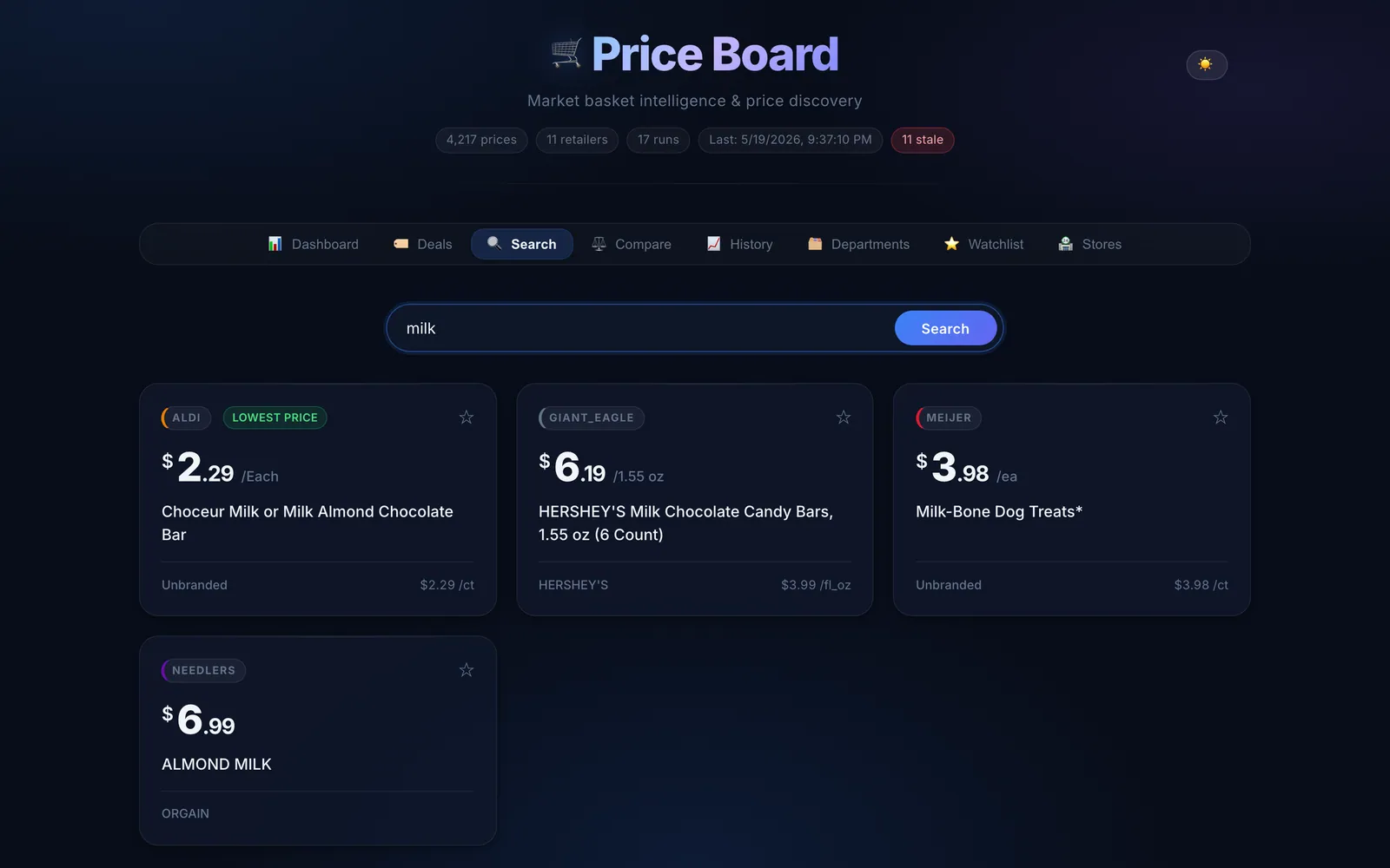 Search — live product search across all scraped retailer catalogs.
