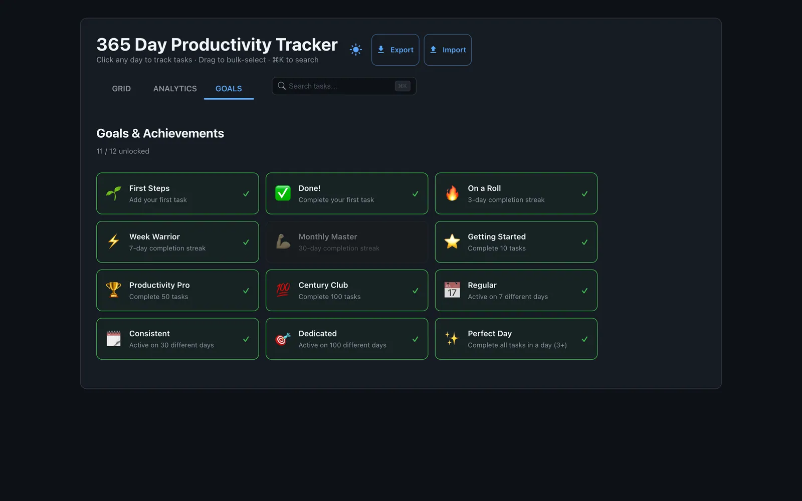 Goals & Achievements — streak and volume milestones unlocked from the tracked history.