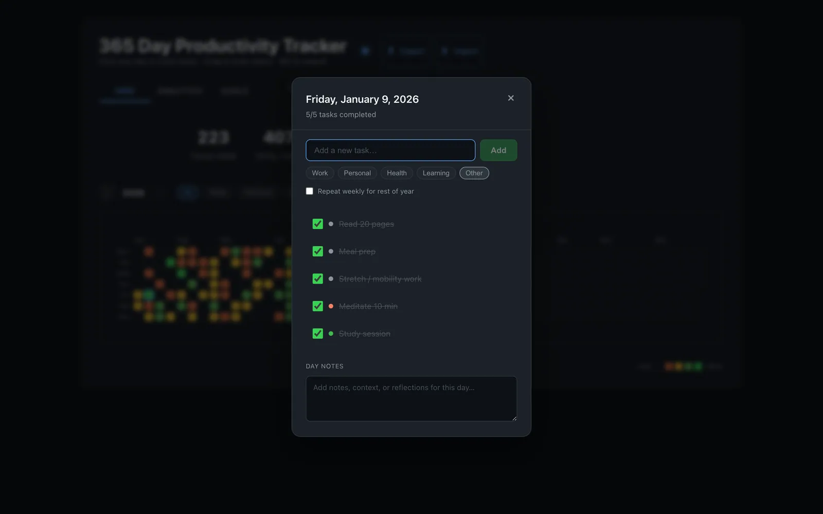 Day detail panel — tasks for a selected day, with category tagging and notes.
