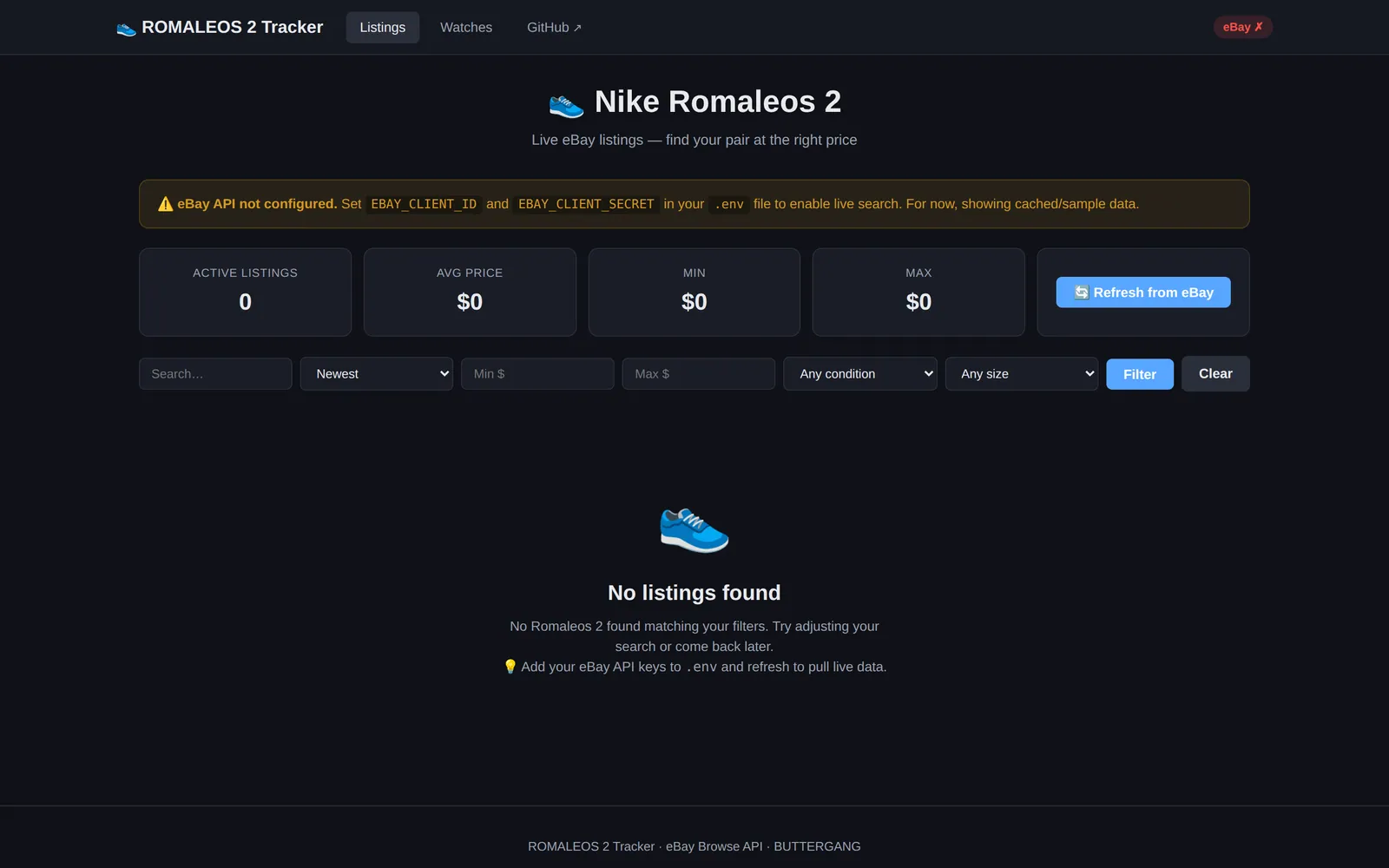 A price tracker and listing finder for Nike Romaleos 2 weightlifting shoes — live eBay Browse API search, US-size extraction, smart watches, and Discord alerts.