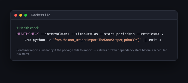 Container health check — reports unhealthy if the package fails to import, catching broken dependency state before a scheduled run starts.