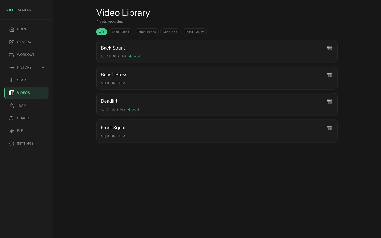 Video library — saved training sets by exercise, filterable and linked to their performance data.