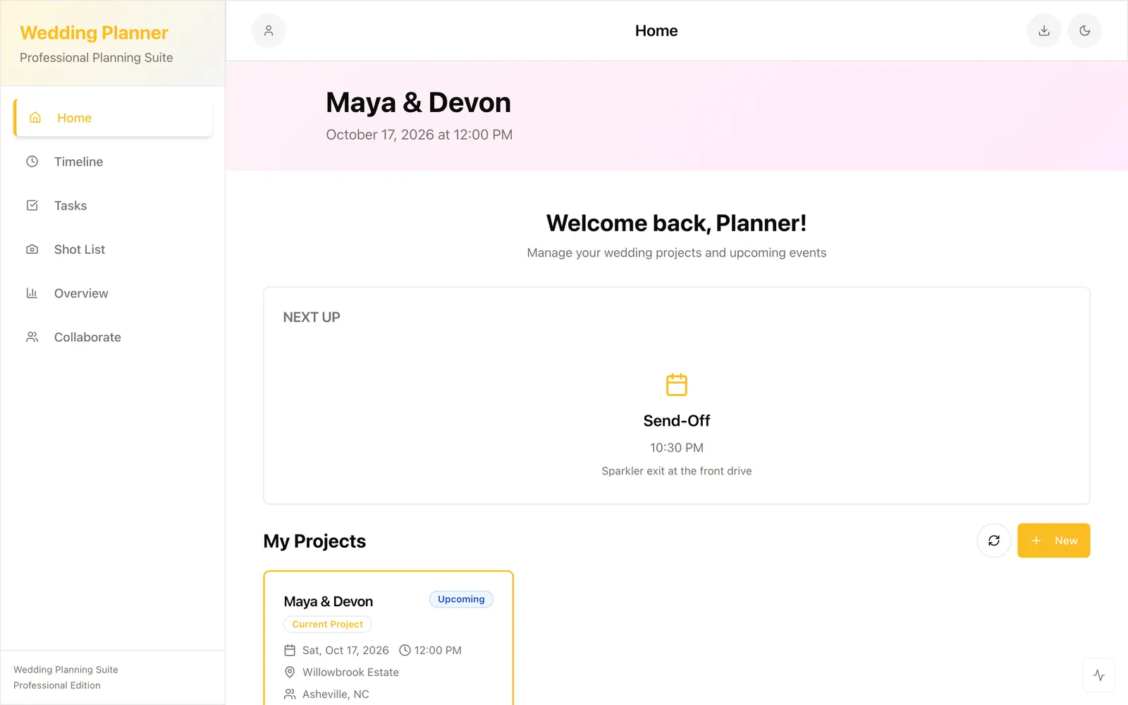 Dashboard — Maya & Devon's wedding at a glance, with the collaborative team on hand.