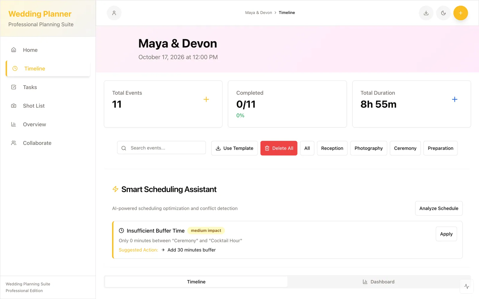 Timeline builder — the full day, ceremony to send-off, with categories, priorities, and color-coded blocks.