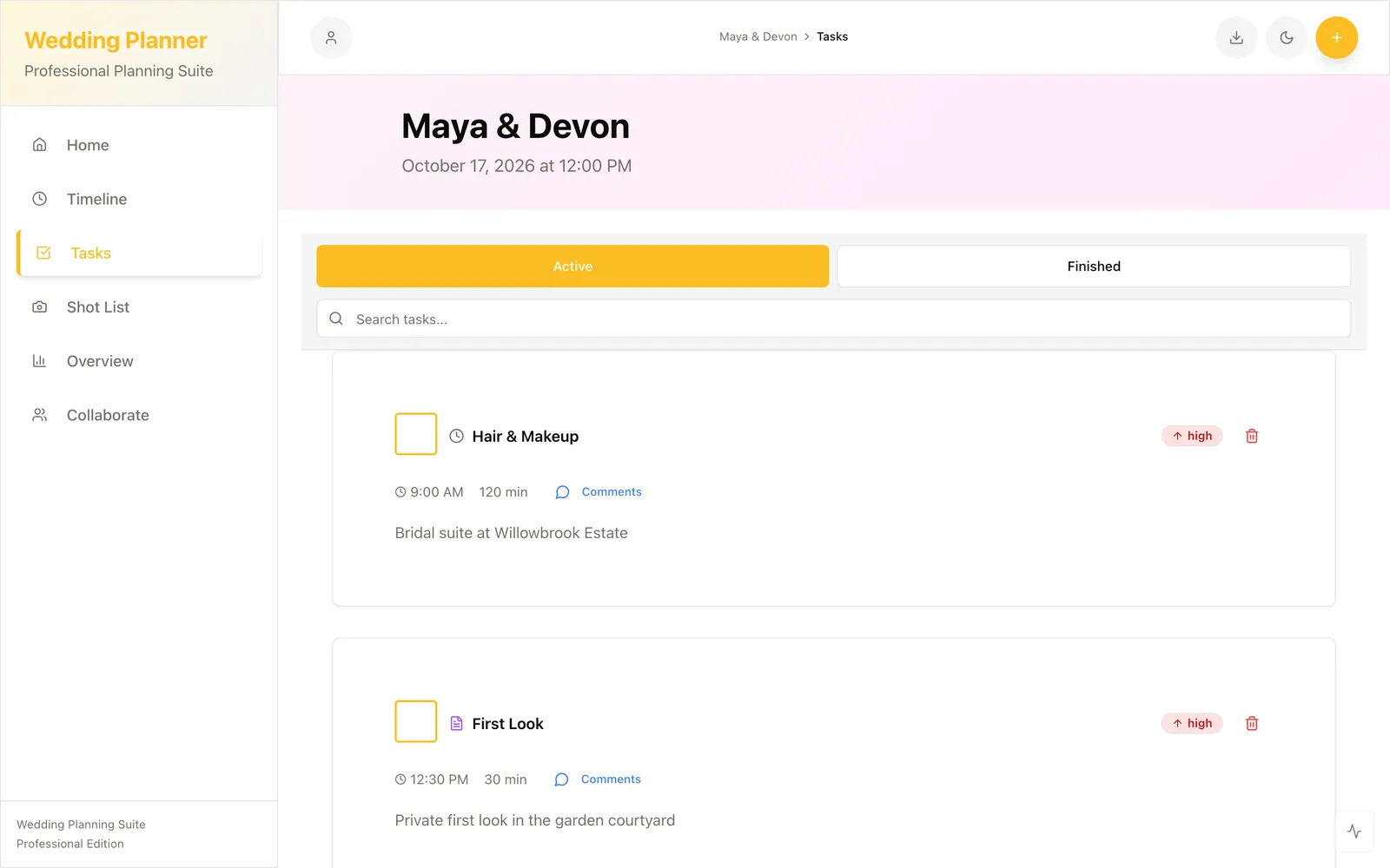 Tasks — planning to-dos with priority and completion tracking.