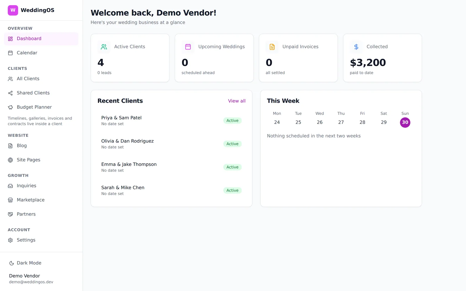 Vendor dashboard — clients, revenue, and upcoming events at a glance.