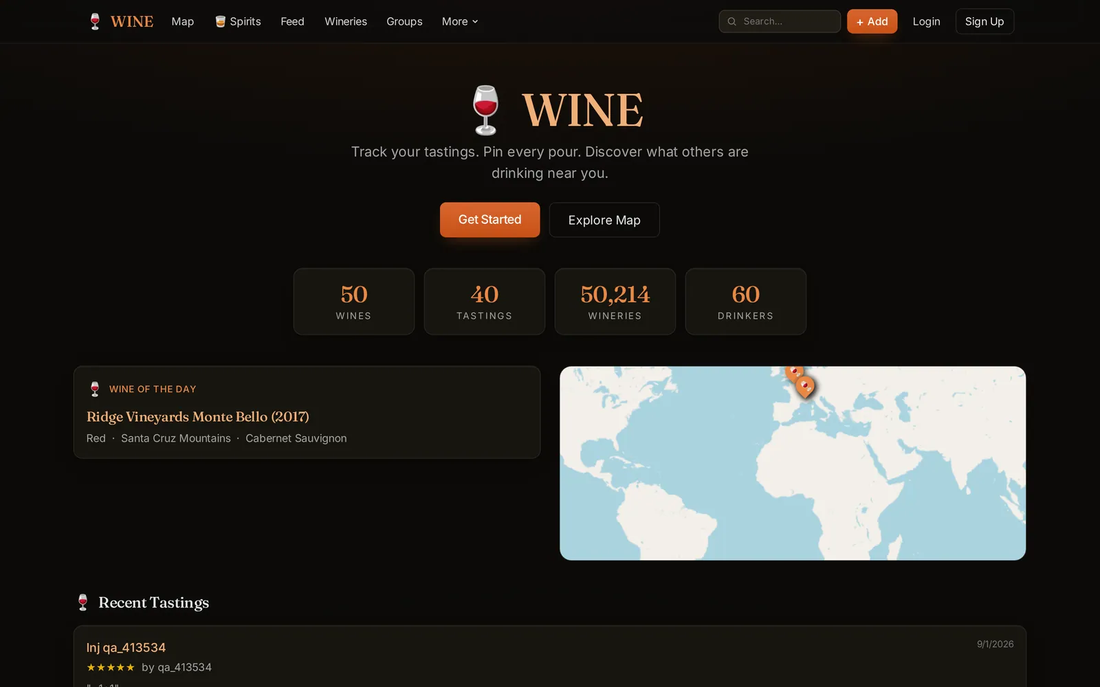 WINE home — interactive mini-map and the community feed of what everyone is drinking.