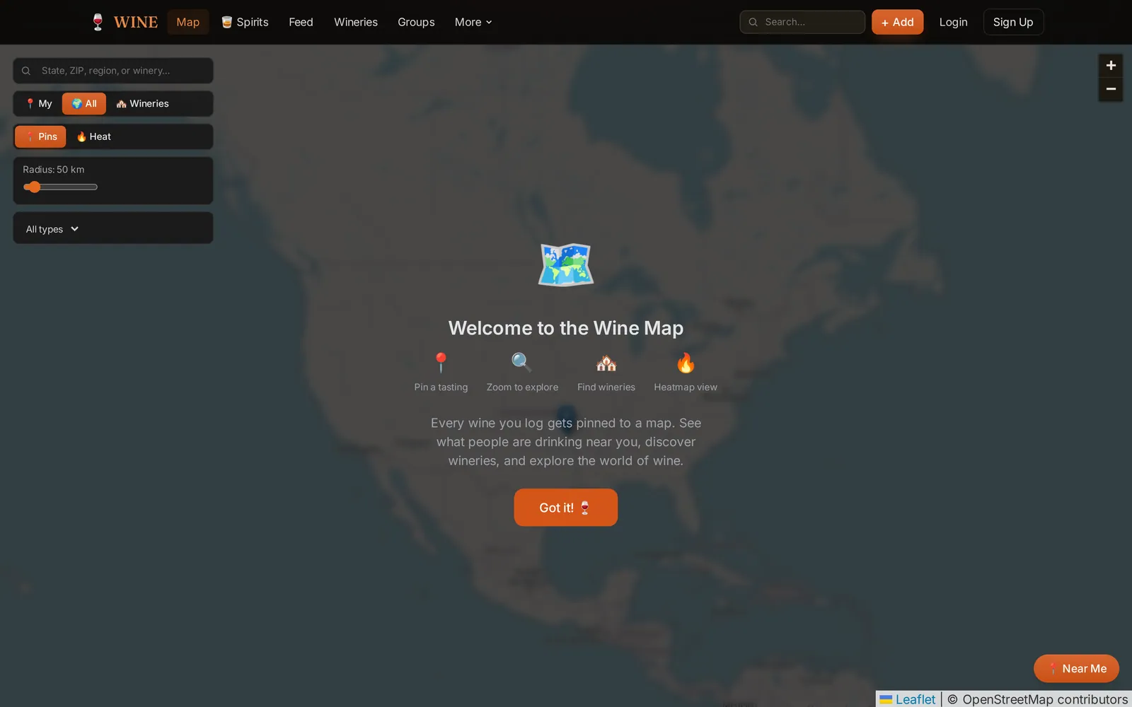Discovery map — ~50,214 wineries clustered across 60+ countries (Leaflet + OSM).