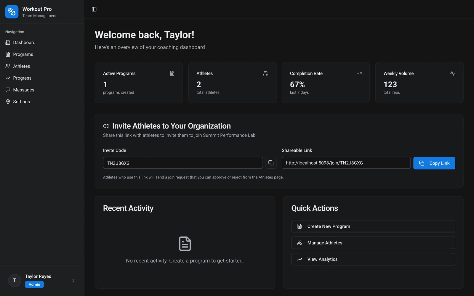 Coach dashboard — programs, athletes, completion rate, and weekly volume for Summit Performance Lab.