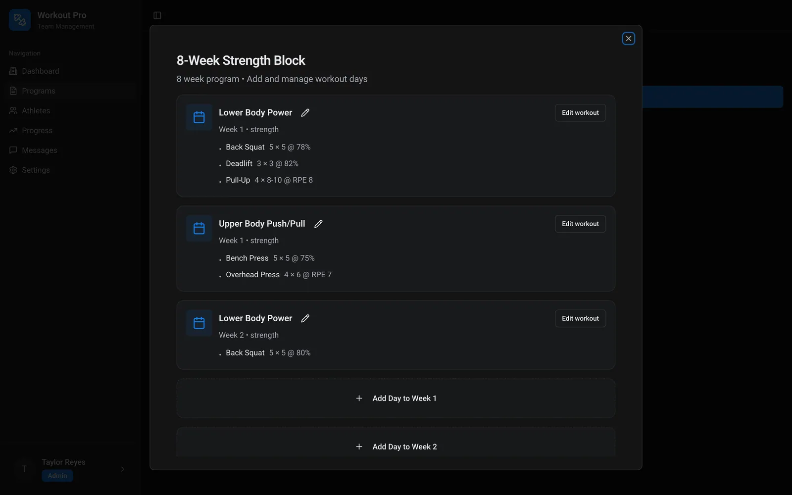 Program builder — workout days with their planned exercises, sets, reps, and intensity.