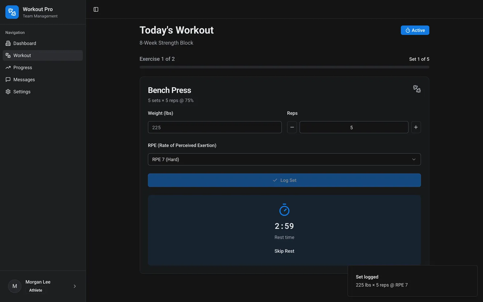 Mobile set logger — weight, reps, RPE, rest timer, and live-logged sets for today's bench press work.